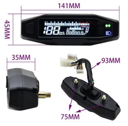 Black mini motorcycle LCD speedometer and multi-function gauge showing digital display.