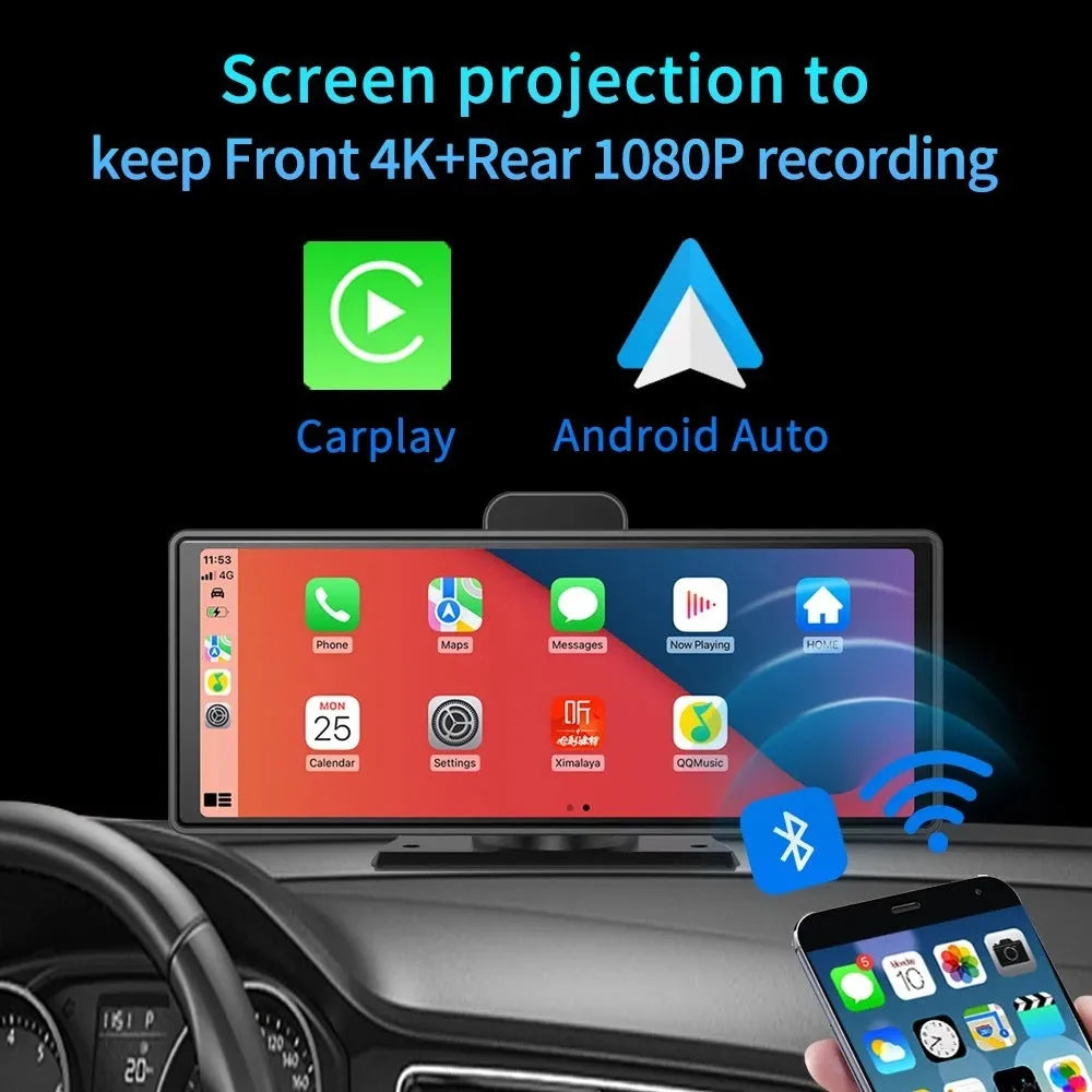 10.26-inch car DVR dash cam with touch screen, front and rear camera, showing split-screen display.