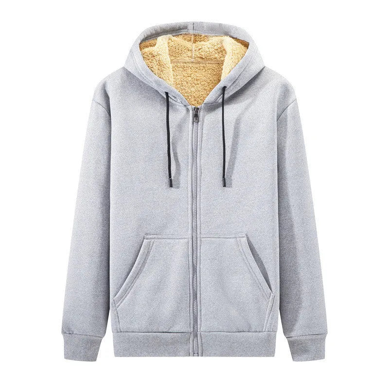 Men's loose fit hooded sweater in grey polyester blend, long sleeves, collarless, autumn winter casual wear