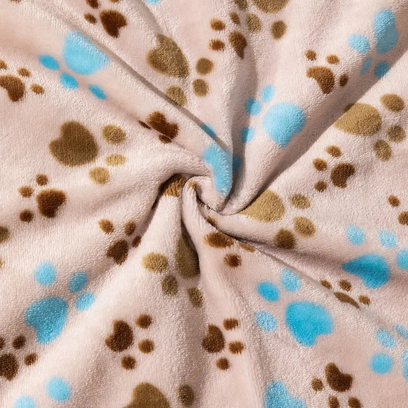 Blue cartoon dog pattern double-sided pet blanket shown on a dog bed, with size options 60x80cm, 100x120cm, 100x150cm.