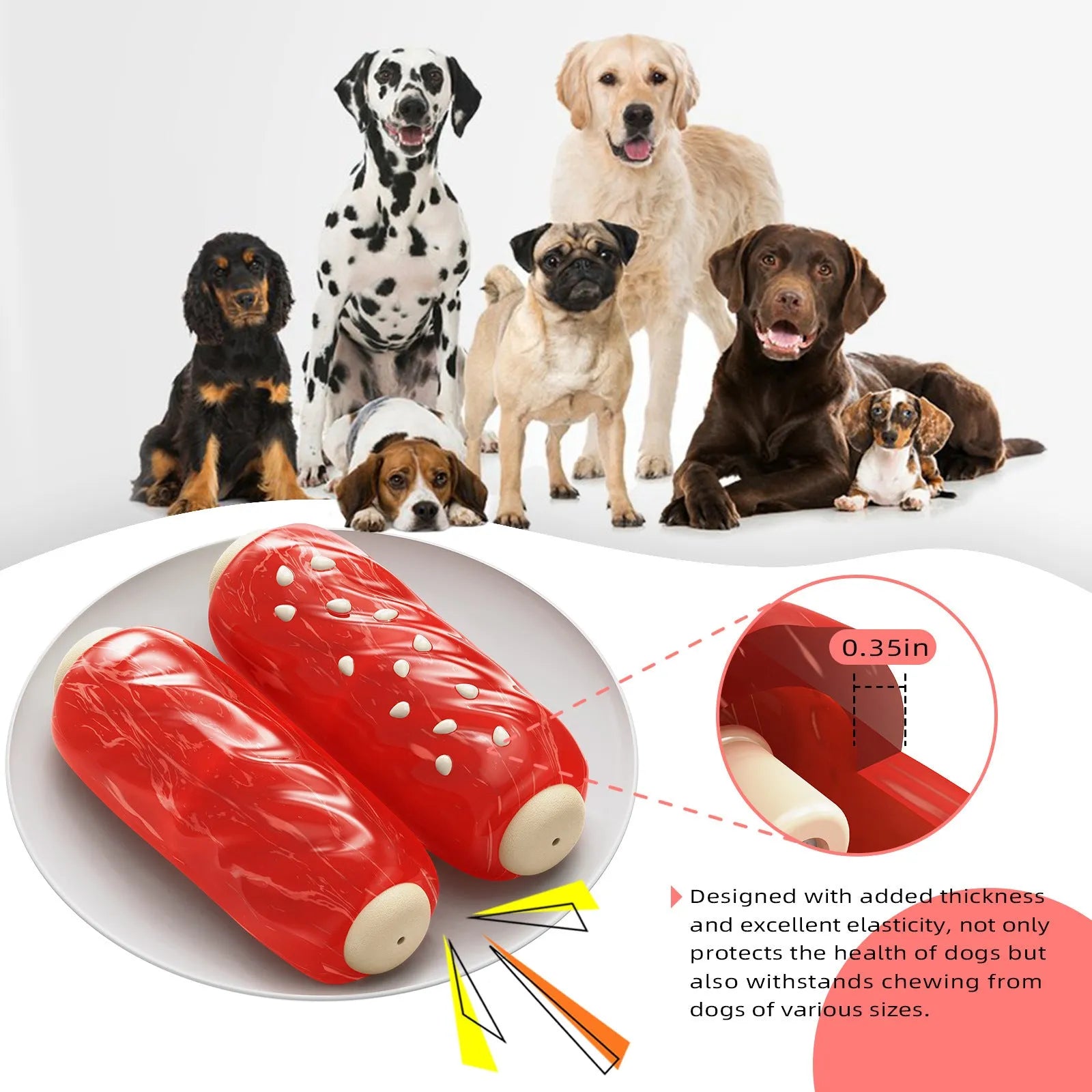 A primary coloured plastic molar rod-shaped dog chew toy.