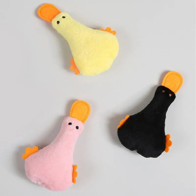 Colourful plush duck pet toy with catnip, a squeaker, and a crinkle rattle for cats and dogs.