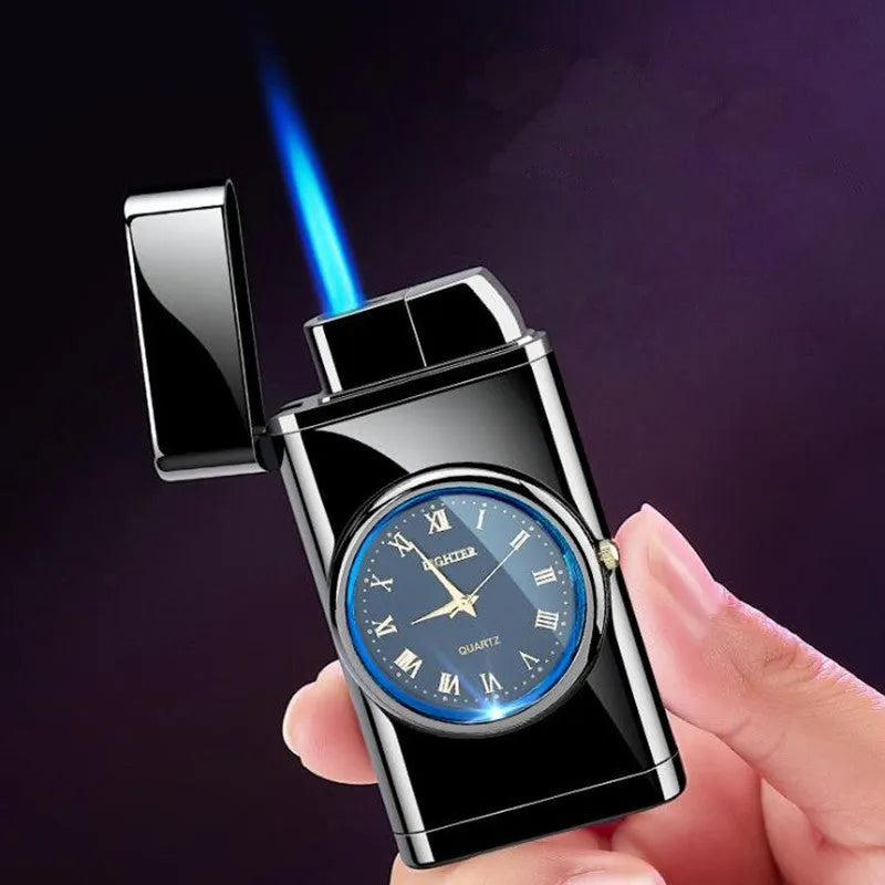 Metal multifunctional electronic lighter with watch display, wind-resistant flame and LED lighting in various colour finishes