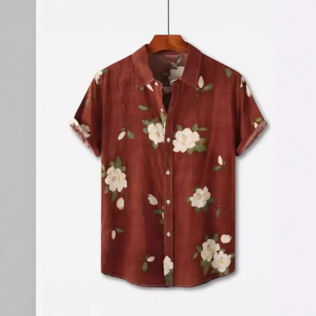 Hawaiian floral print lapel short sleeve shirt in cardigan style.
