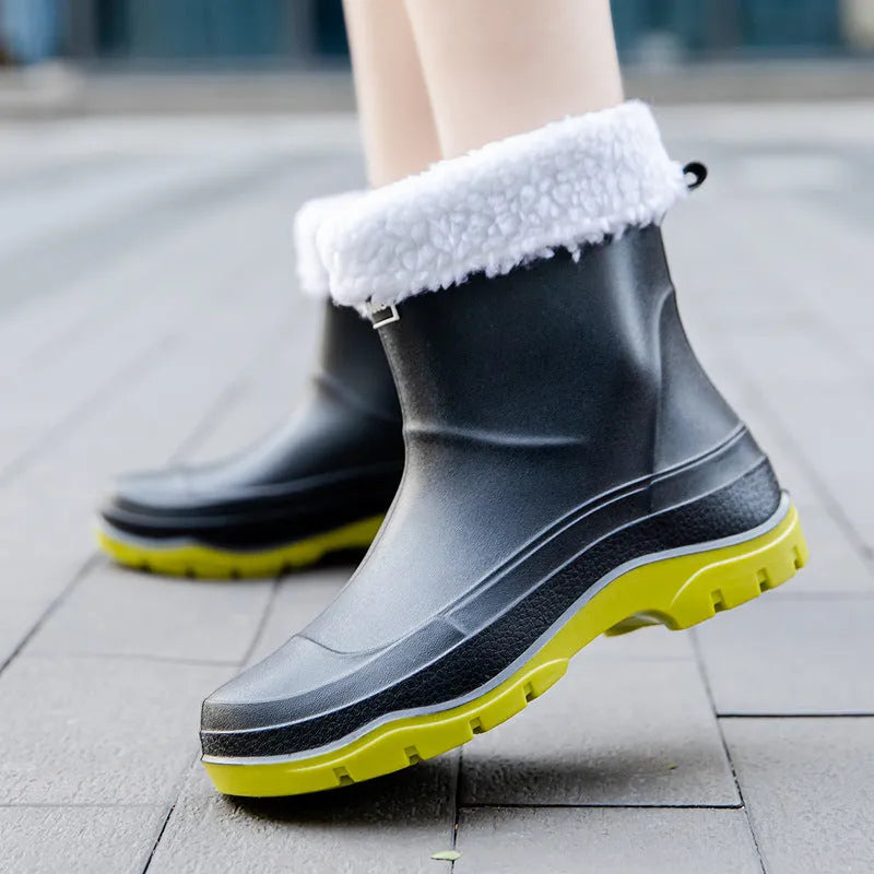 Women's short waterproof non-slip rubber shoes in white, black, and pink colours
