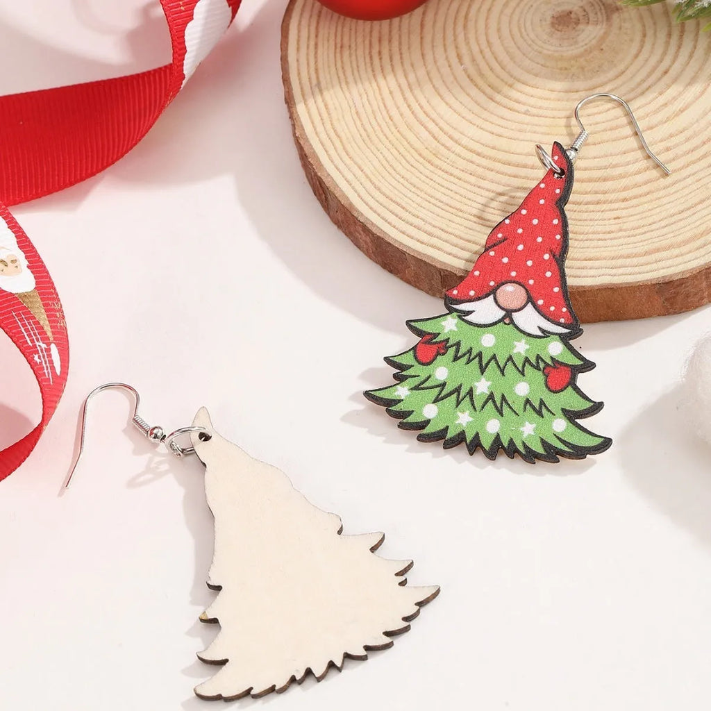 Wooden Christmas earrings set with geometric tree and water drop snowman designs