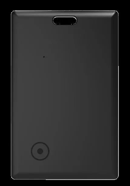 MFI Findmy AirTag anti-lost card tracker in black, shown next to a set of keys highlighting its slim 84mm x 52mm size.