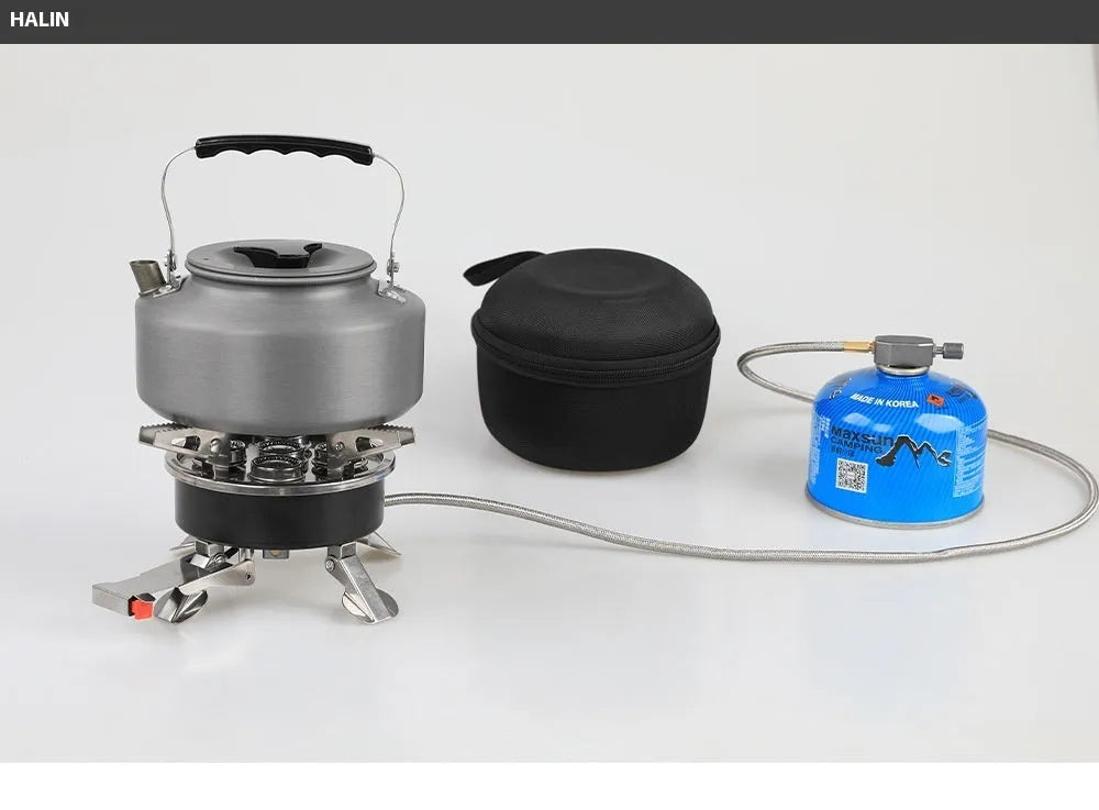 Silver portable stainless steel split camping stove shown unfolded with a 100cm fuel hose.