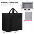 Black Oxford cloth desktop computer host storage bag holding a PC tower and 27-inch display
