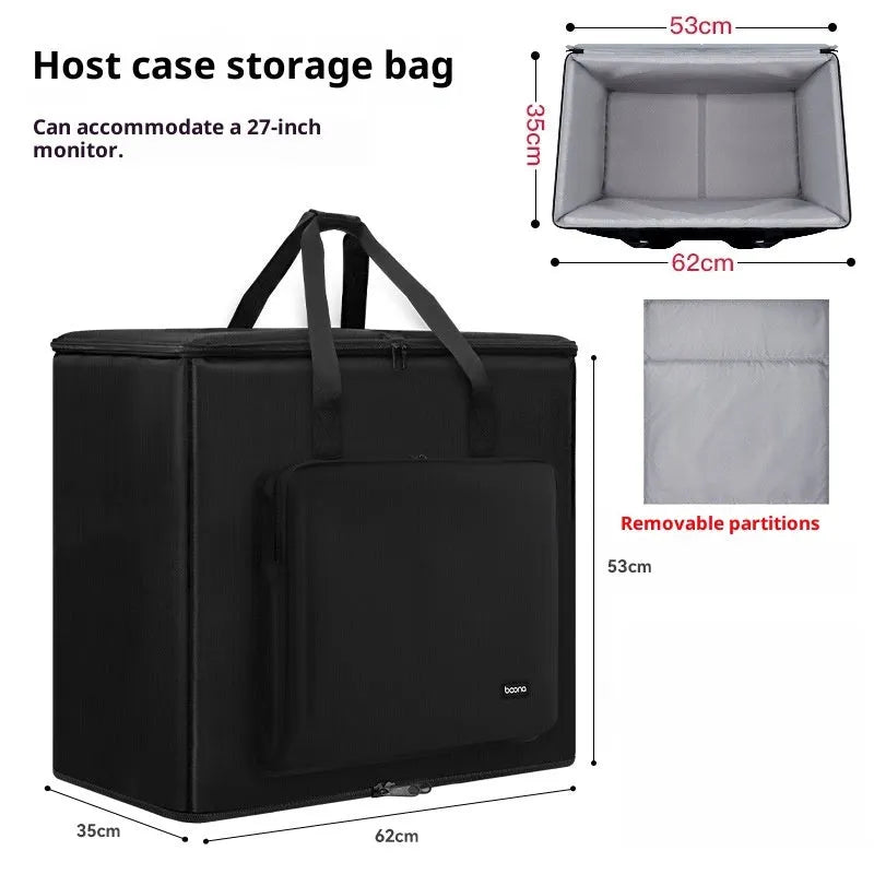 Black Oxford cloth desktop computer host storage bag holding a PC tower and 27-inch display