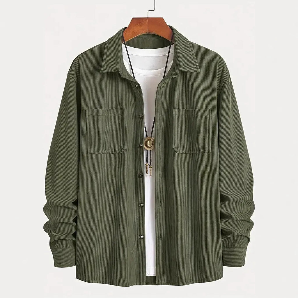 Men's corduroy button jacket in solid colour – army green, front view, with button closure and classic collar