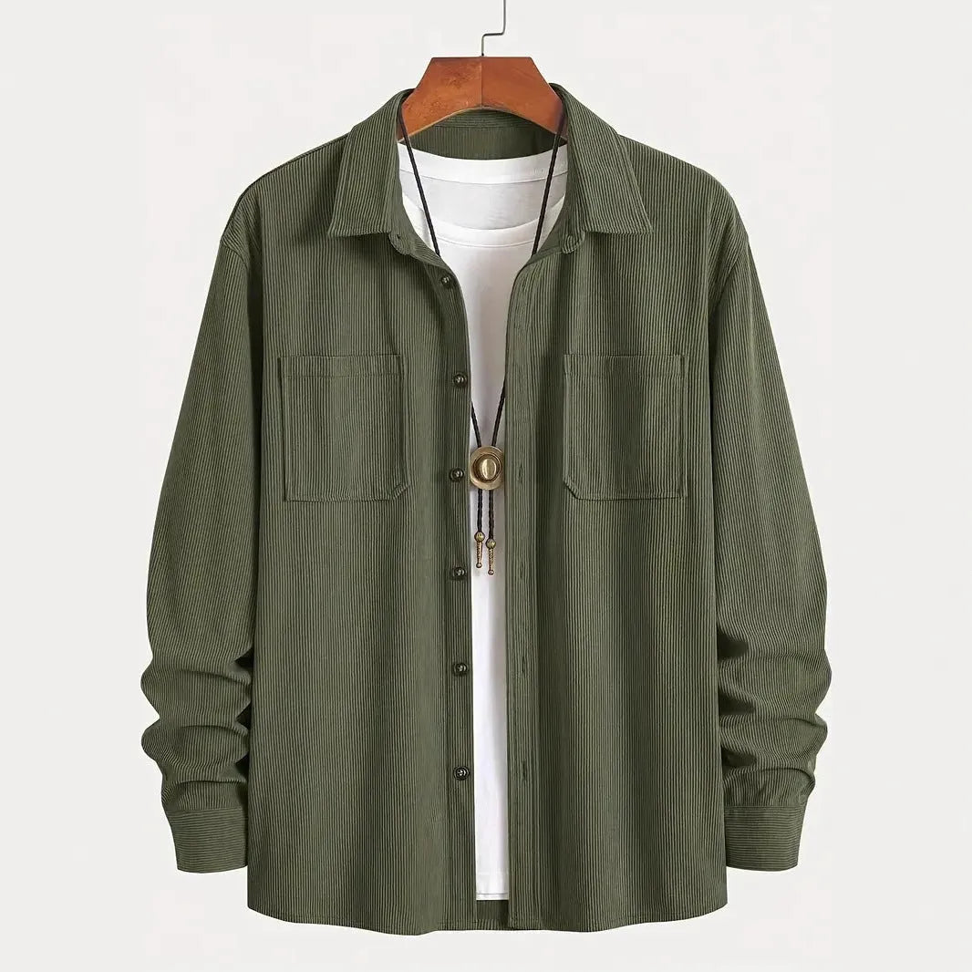 Men's corduroy button jacket in solid colour – army green, front view, with button closure and classic collar