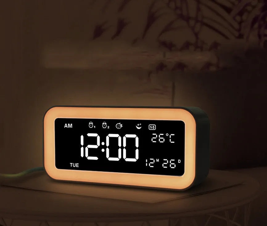 Rectangular blue multifunctional LED alarm clock with digital display and multicoloured atmosphere lighting