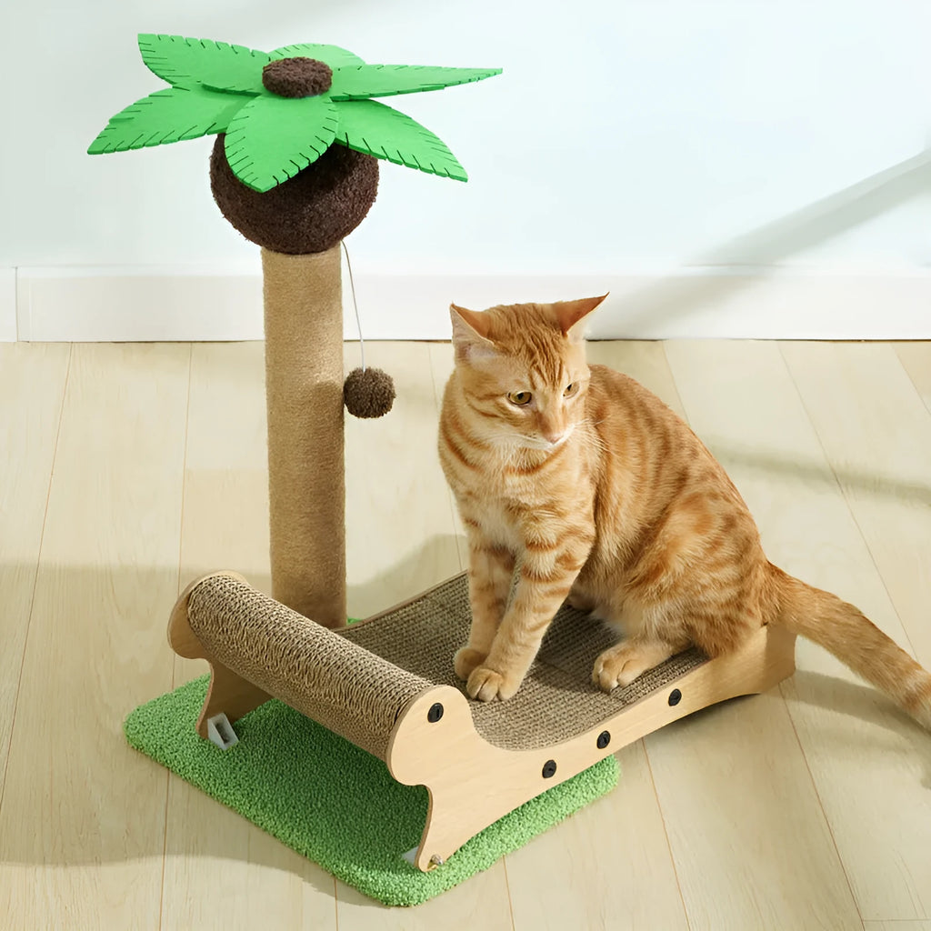 Wooden beach chair style cat climbing frame with a built-in hemp scratching mat.