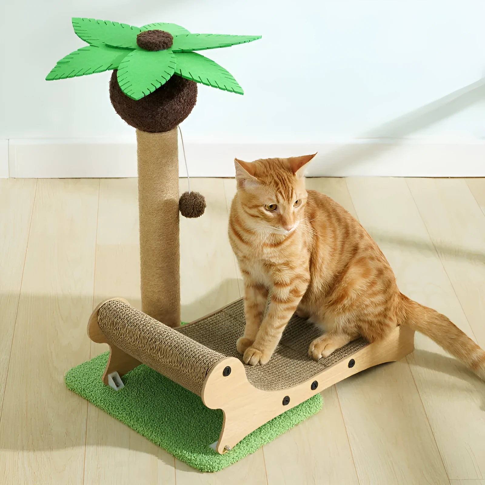 Wooden beach chair style cat climbing frame with a built-in hemp scratching mat.