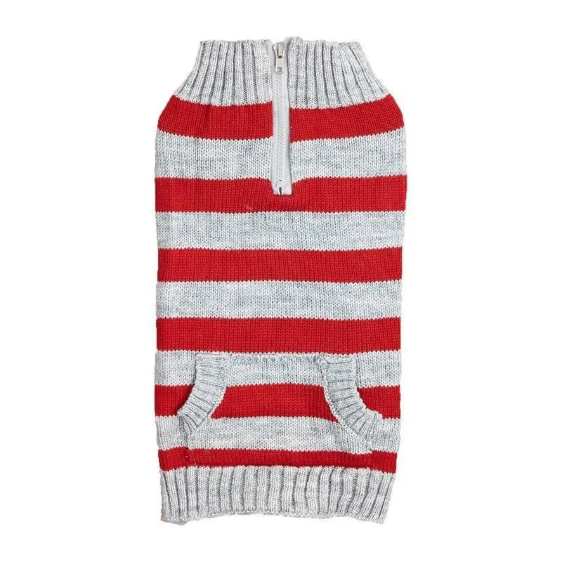 Grey dog sweater on a small dog, showing the horizontal front zipper and a blue contrast button pocket.