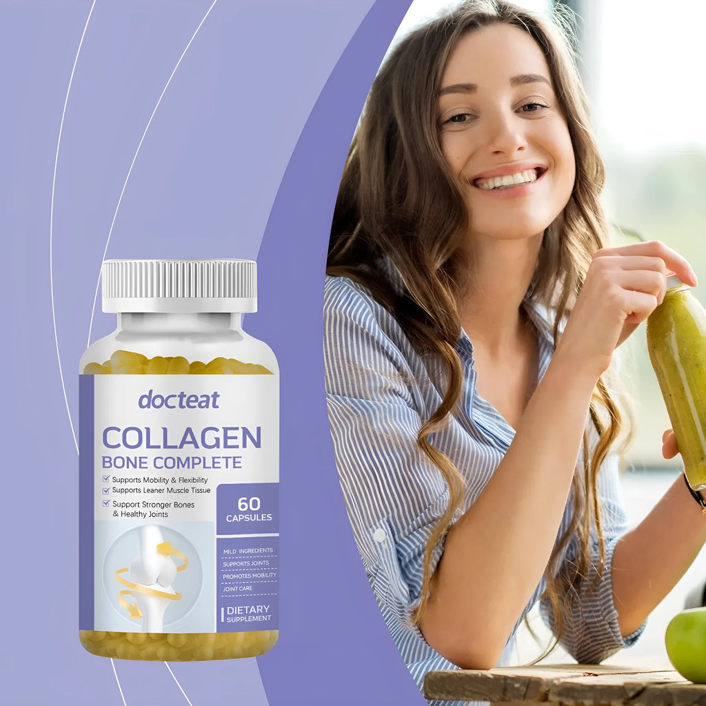 Bottle of 60 collagen and multivitamin capsules with marine collagen, vitamin C, D3, K2 and calcium.