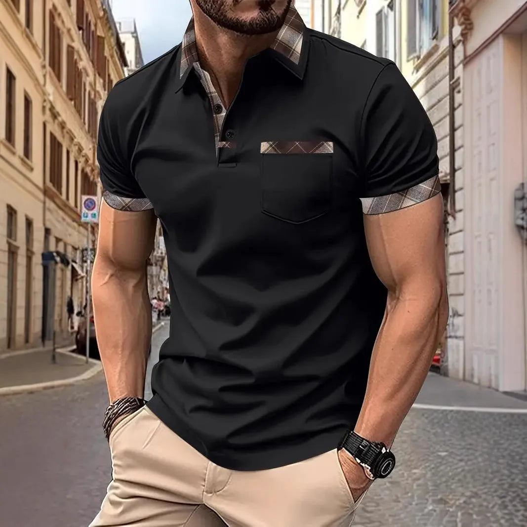 Men's loose fit short sleeve t-shirt with colourblock plaid design and zip decoration.