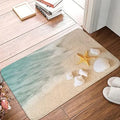 Personalised flannel floor mat in coastal starfish and brown cow prints showing four size options