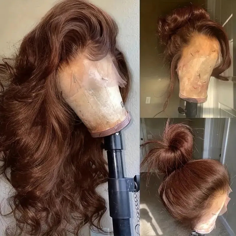 Women's front lace wig with long curly hair and side bangs in dark brown colour