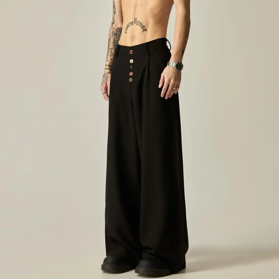 Men's vertical tube wide-leg trousers in solid black colour with micro-elastic waistband
