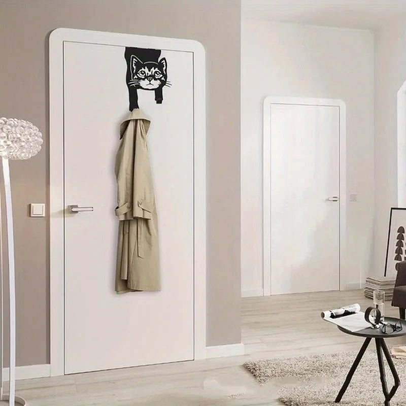 Black iron wall-mounted decorative cat hook for punch-free door or wall organisation.
