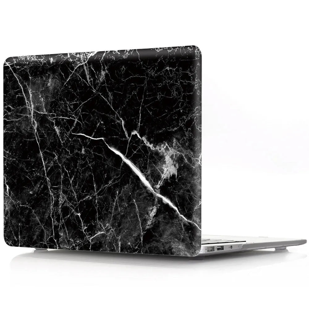 Plastic marble finish protective case for a MacBook laptop in light blue colour.