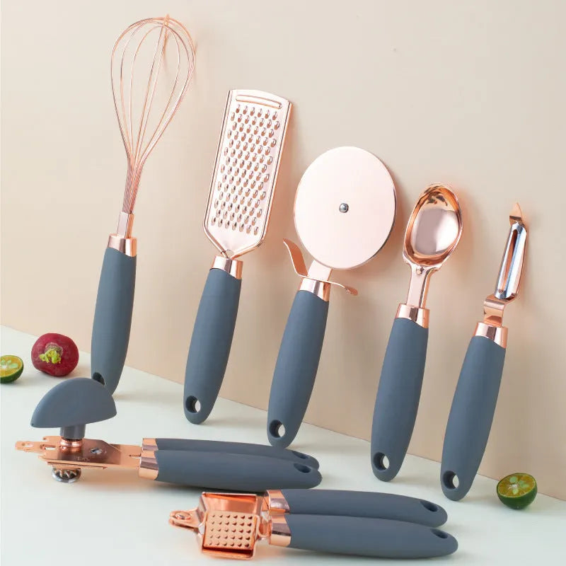 Copper-plated seven-piece kitchen tool set with cutlery rack in assorted colours