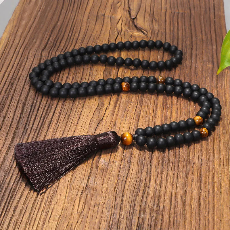 Tigereye stone bead yoga necklace and bracelet set with 108 natural gemstones