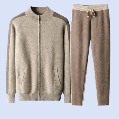 Men's navy blue cashmere half turtleneck knitted cardigan suit with matching trousers for winter leisure wear