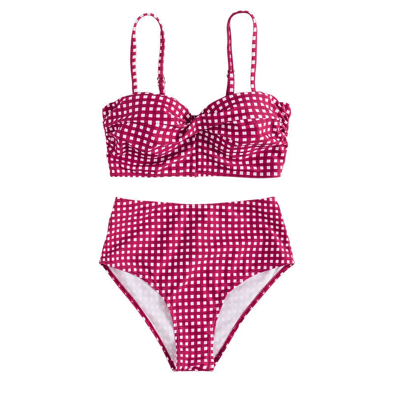 Women's rose red high-waist plaid bikini swimsuit with split sides on mannequin.