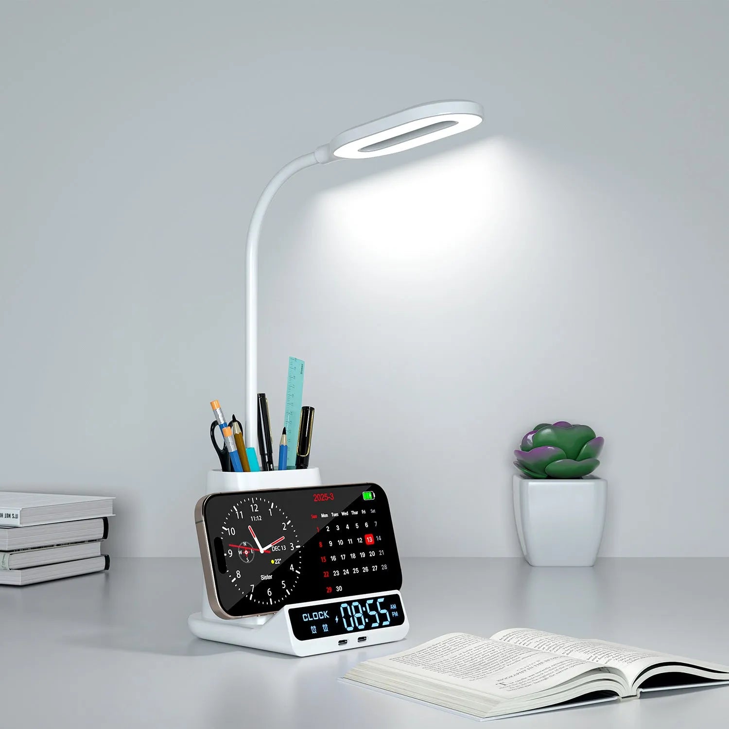 Wireless charging lamp with pen holder storage box in modern design