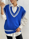 Women's loose fit college style vest sweater in black, blue, or coffee colour