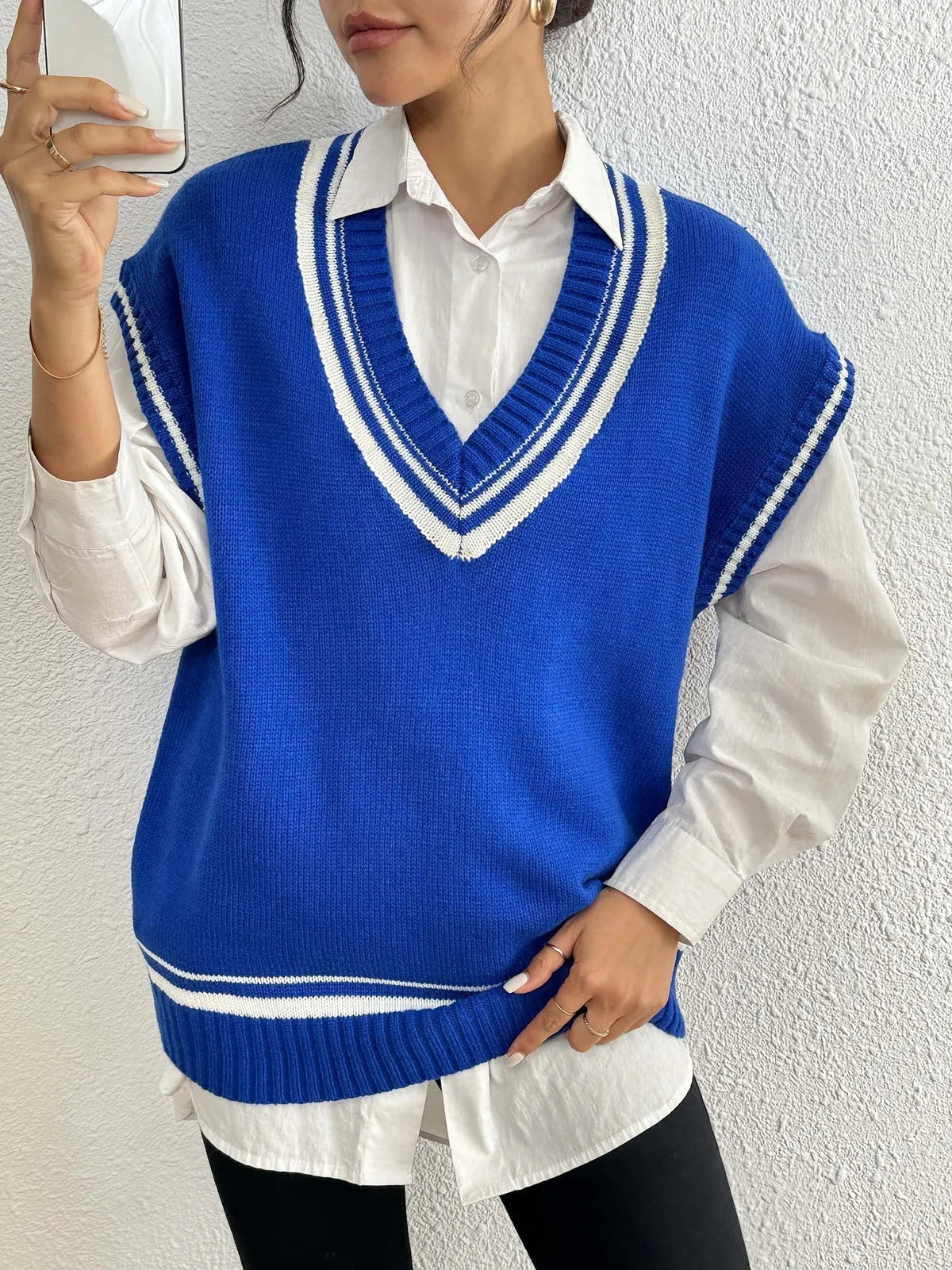Women's loose fit college style vest sweater in black, blue, or coffee colour