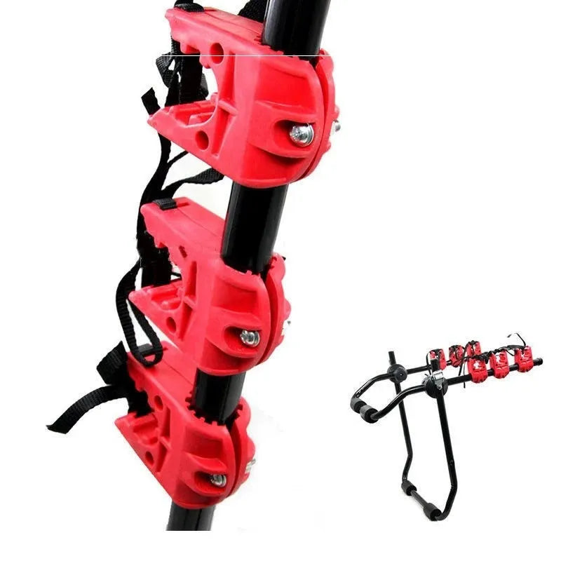Black and red iron car boot bike rack with sponge padding and securing straps.