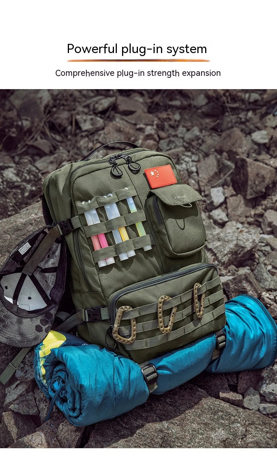 Army green tactical backpack with 17-inch laptop compartment and 35-litre capacity