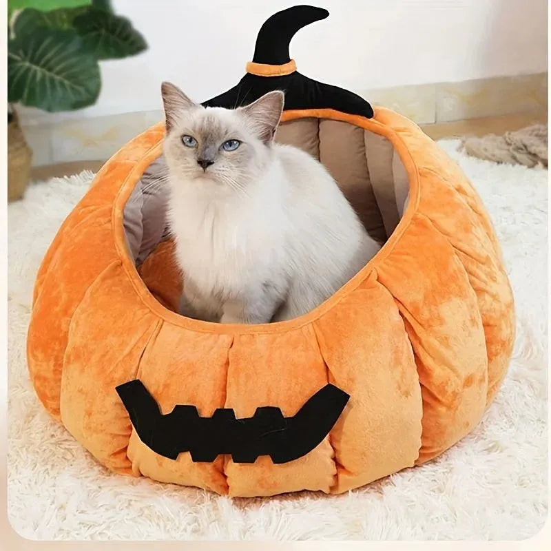 Halloween themed cat bed with cartoon pumpkin and devil design in soft plush fabric
