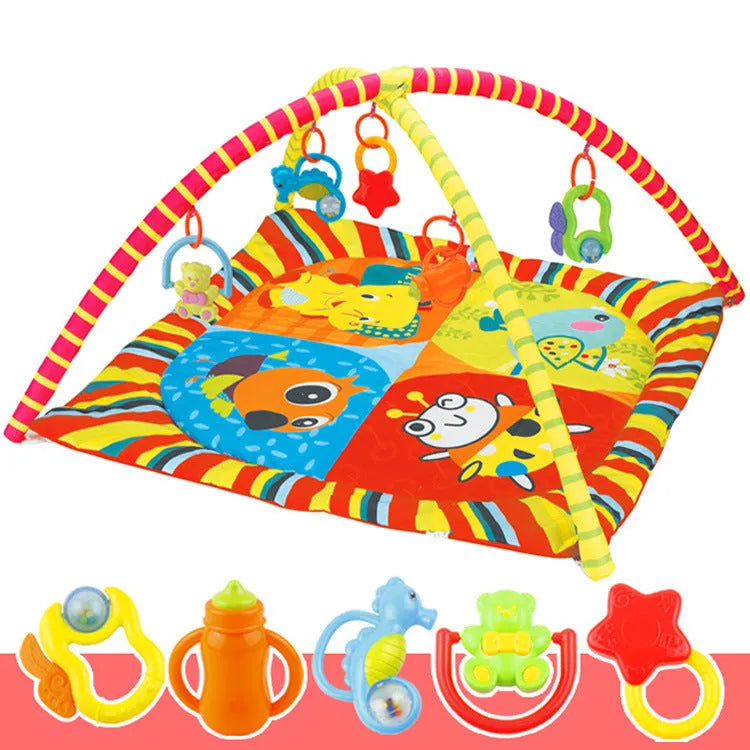 Colourful baby gymnastic blanket with velvet fabric and animal toys for crawling play.