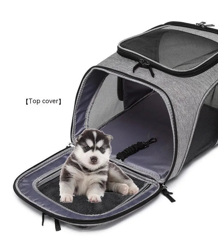 Extendable pet bag in Oxford material, solid colour gray, large 20-35L capacity for dogs and cats