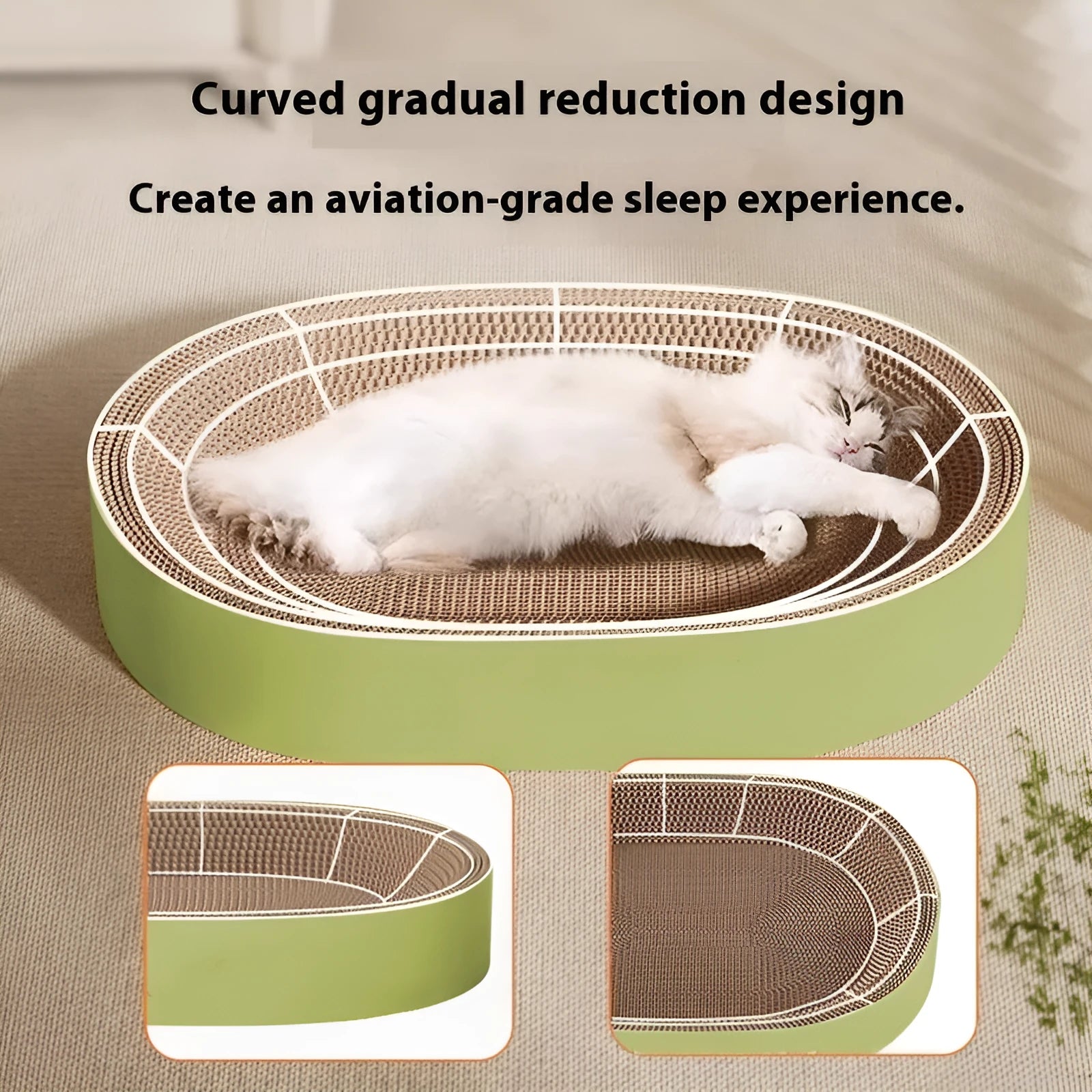 Green oval corrugated cardboard cat scratch board and nest bed, 55cm diameter