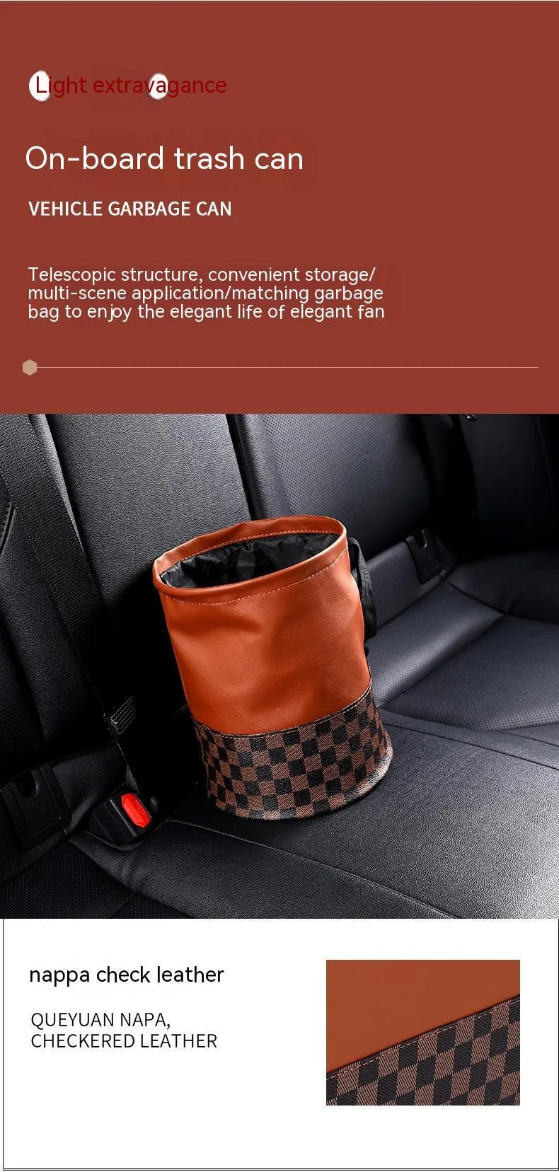 Retractable leather interior car trash can with handle in folded and extended positions