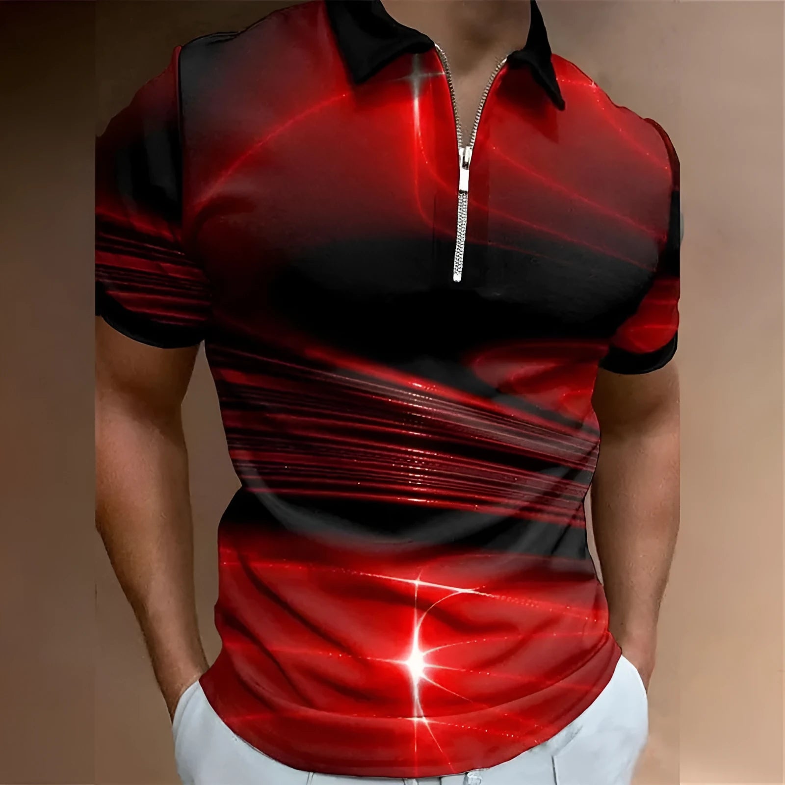 Man wearing a loose fit blue zipper polo shirt with a lapel collar and short sleeves.