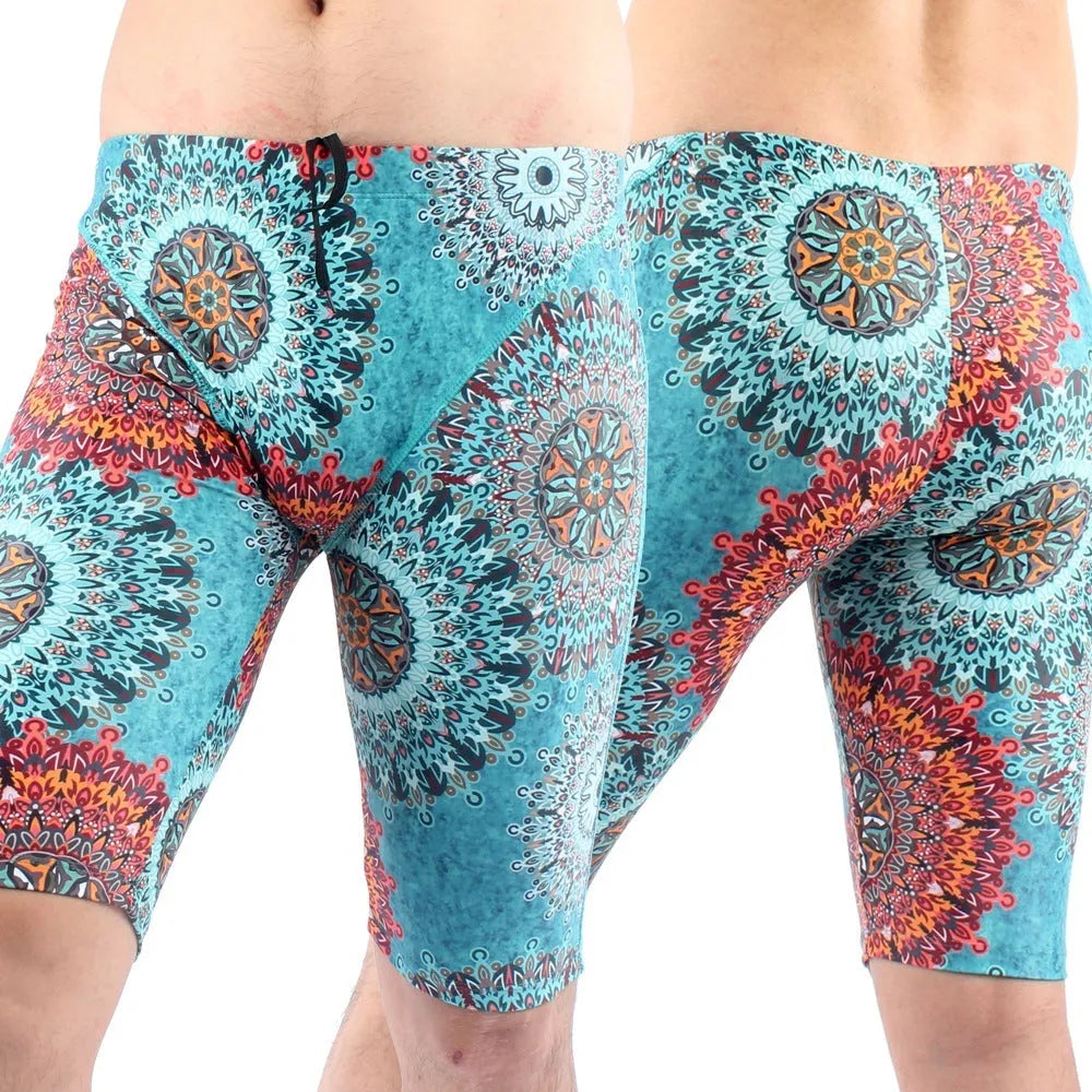 Men's green quick-drying swimming trunks with loose five-point design for swimming