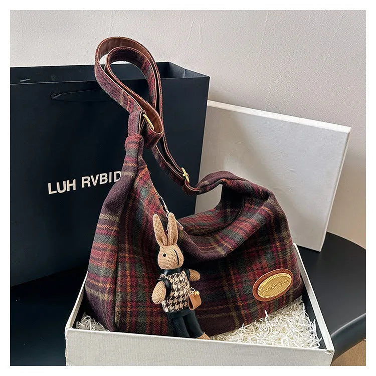 Women's large capacity woolen shoulder bag in horizontal square shape with crossbody strap