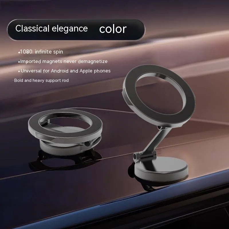 All-metal foldable magnetic car phone mount in Qian colour showing dashboard placement with phone attached
