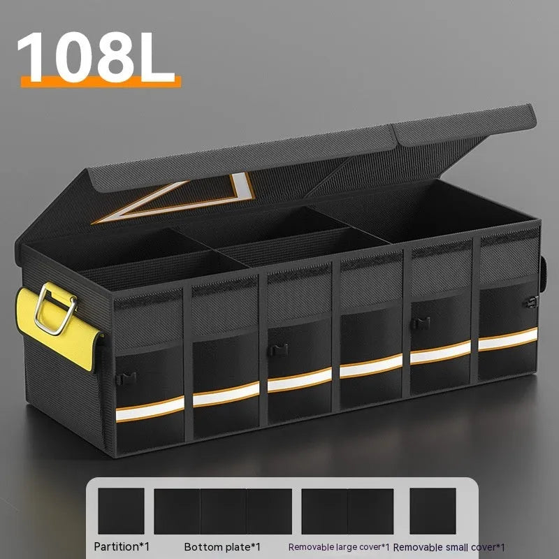 Foldable car boot storage organiser bag in black and yellow with handle