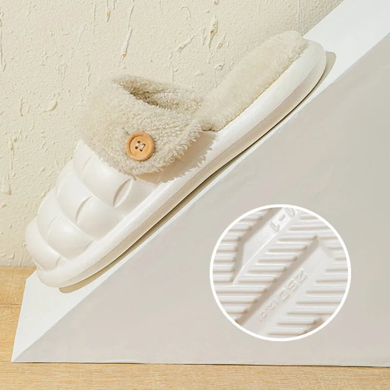 Plaid detachable EVA slippers for women in pink, shown with plush lining and flat sole.
