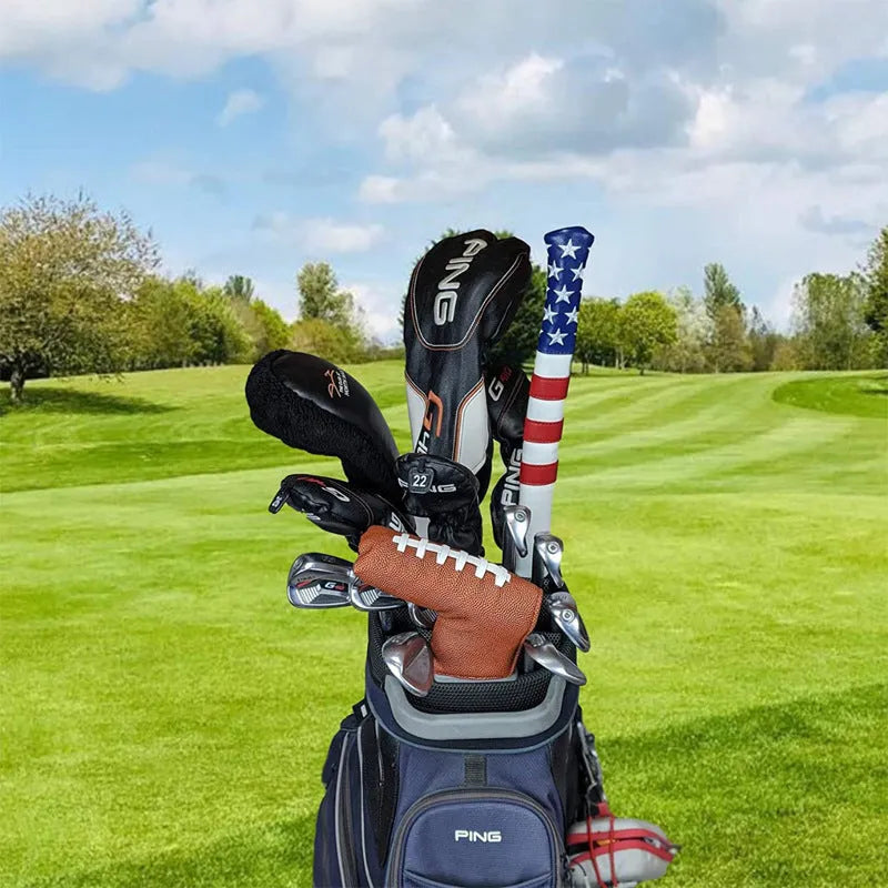 Black PU leather golf push rod sleeve case for storing a club head cover.
