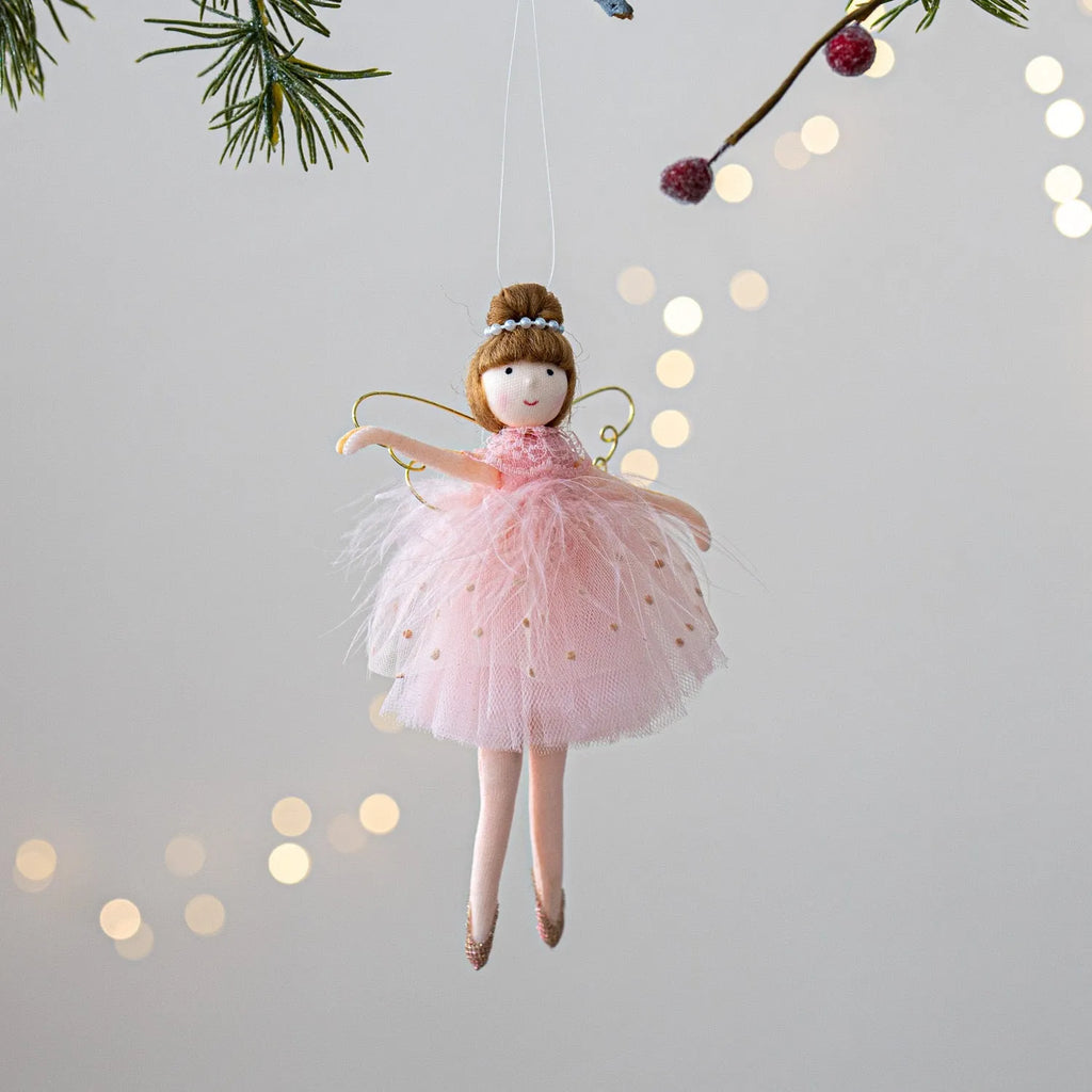 Pink and white cloth ballet girl angel plush doll pendant on a plain background.