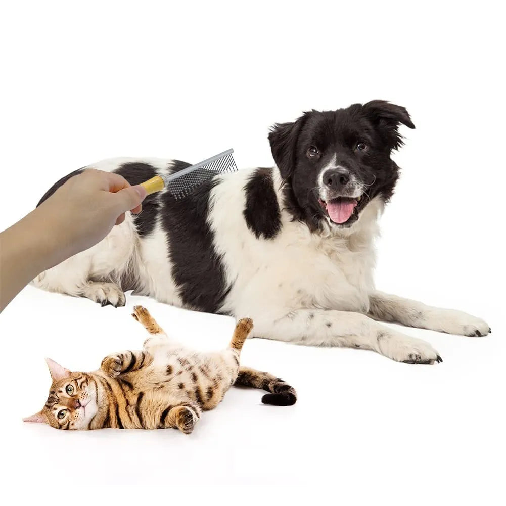 Wooden handle pet grooming comb with round metal teeth for dogs and cats